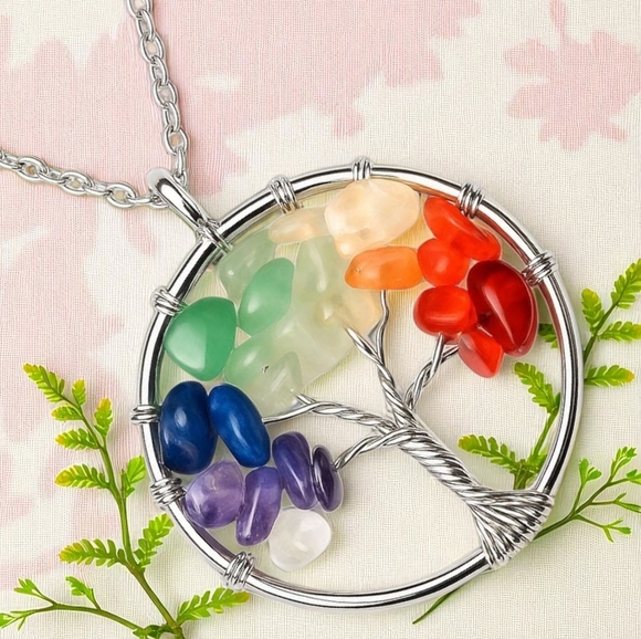 🆕️Tree Of Life 🌳 Handmade Colorful Boho Chic Pendant With Natural Stones 🌈🍃 - Picture 1 of 14